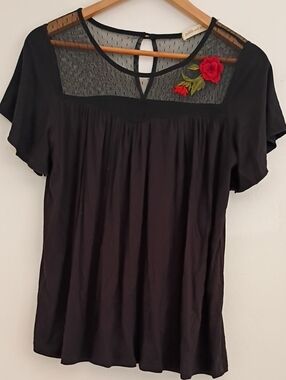 pebble and stone Black Blouse with Red Floral Patch
